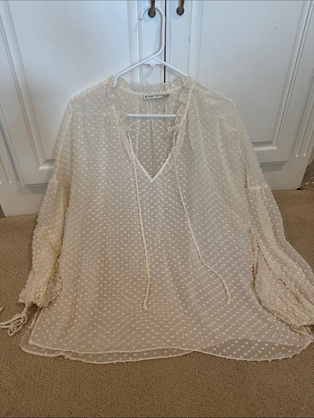 Alice + Olivia Cream Swiss Dot Sheet Tie-Neck Peasant Top